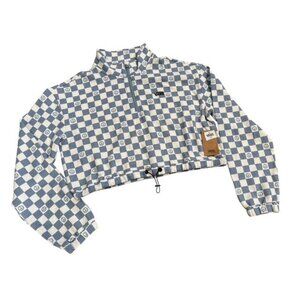 Vans Blue Checkered Long Sleeve half zip pullover Blue White Peace Sign Medium